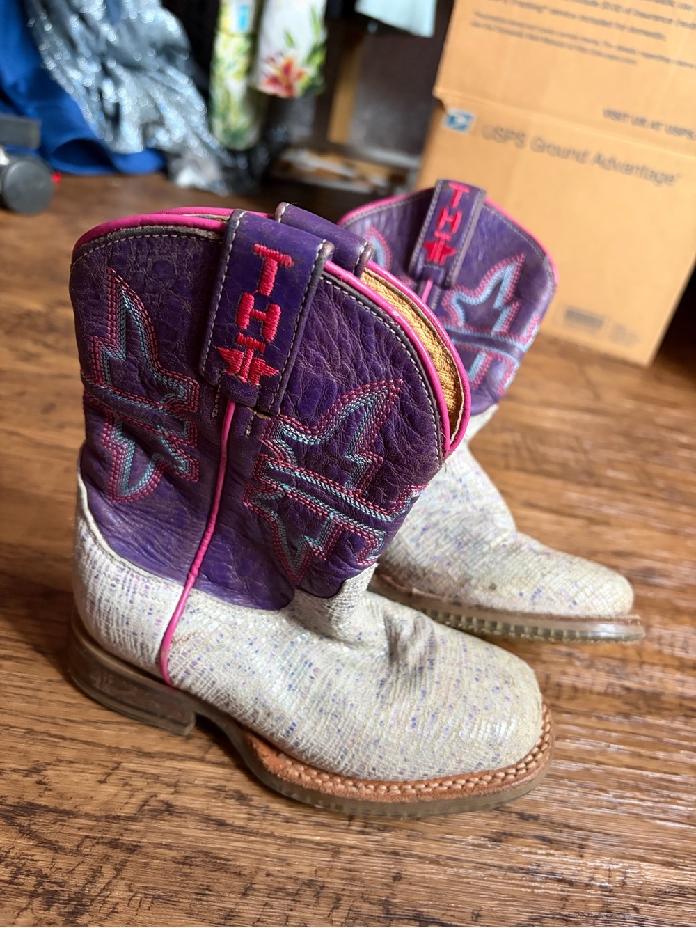 Tin Haul Kids Purple & Cream Western Cowboy Boots with Pink Accents 10c